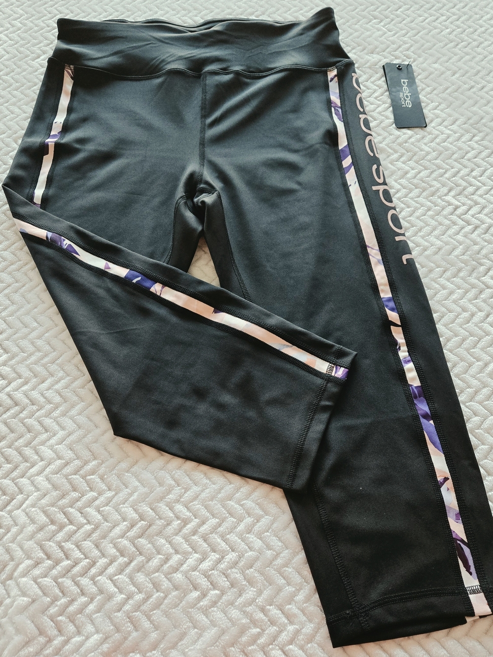 bebe Sport Women's Black Active Leggings with Floral Side Trim XL